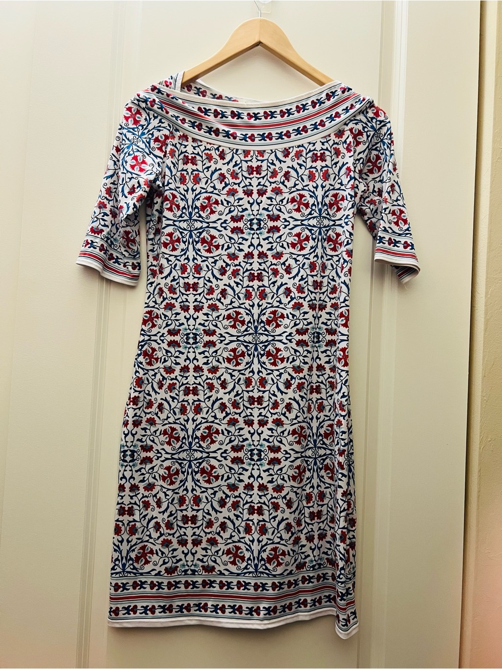 Max Studio White Boatneck Midi Dress with Navy & Red Tile Print